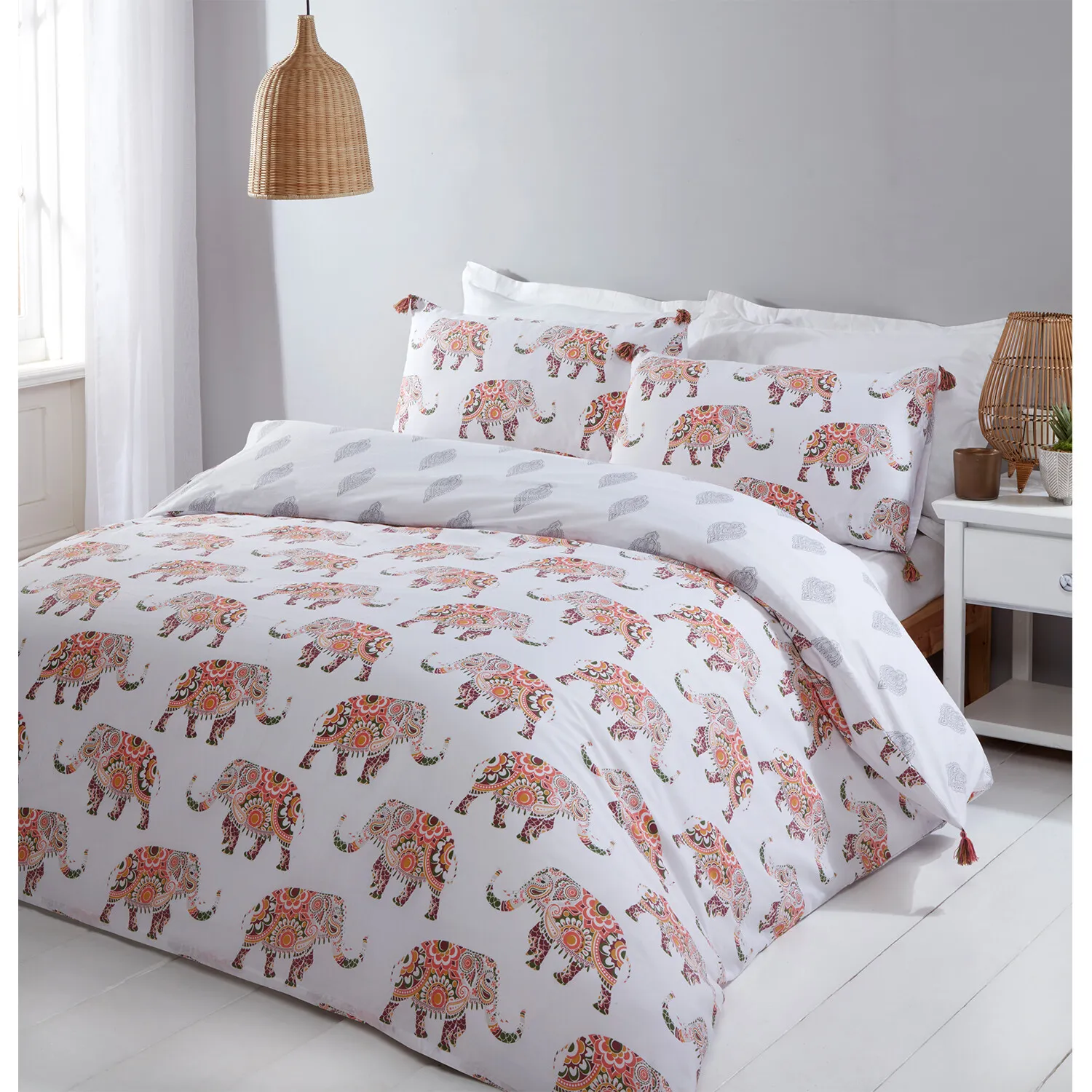 Zaria Elephants Single Duvet Cover and Pillowcase Set - White