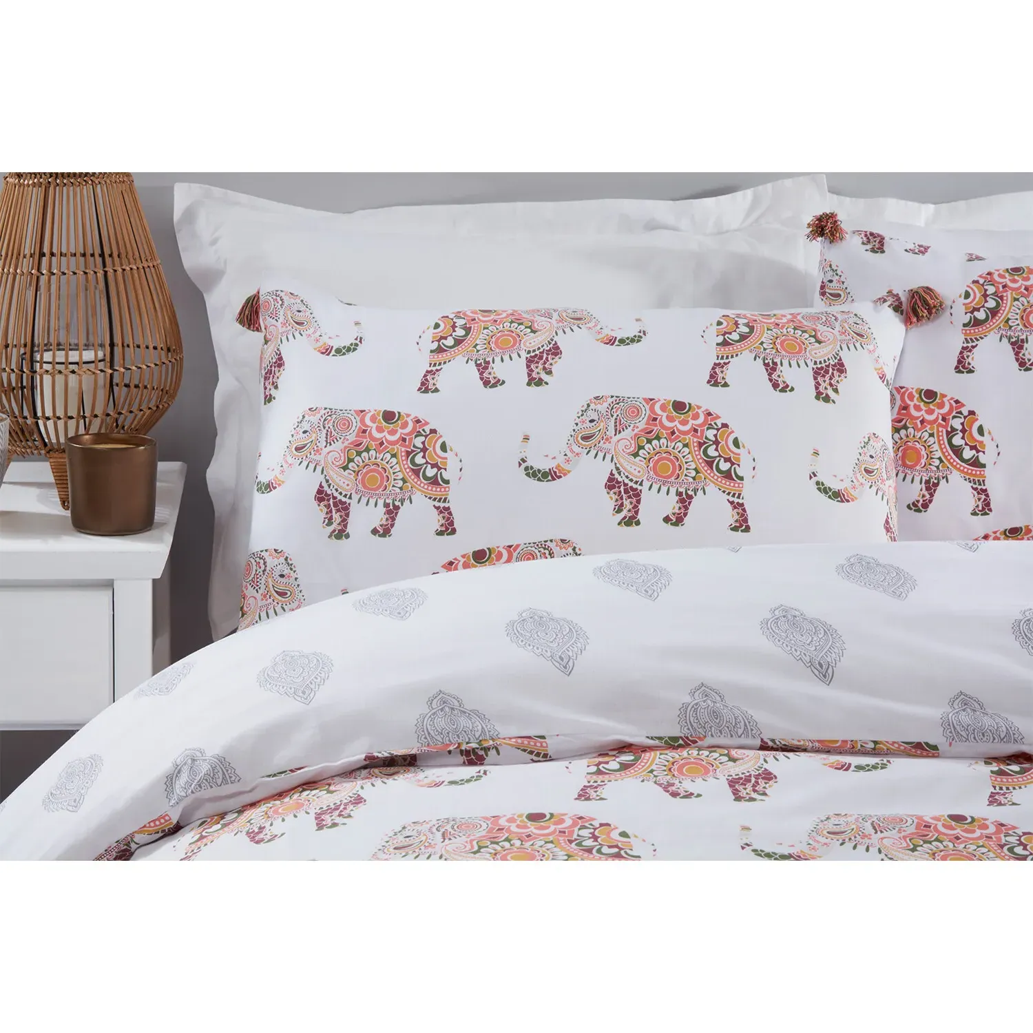 Zaria Elephants Single Duvet Cover and Pillowcase Set - White