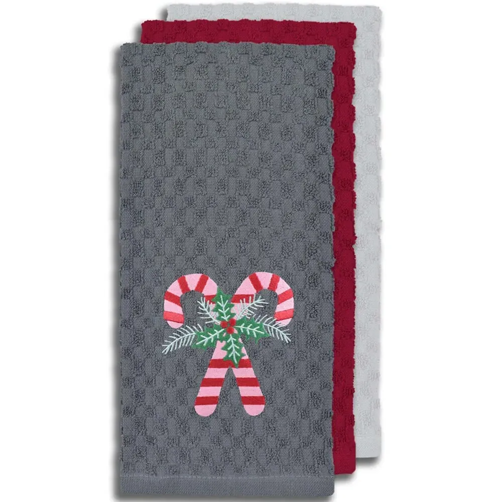 Candy Canes Tea Towel 3 Pack - Grey, Cotton