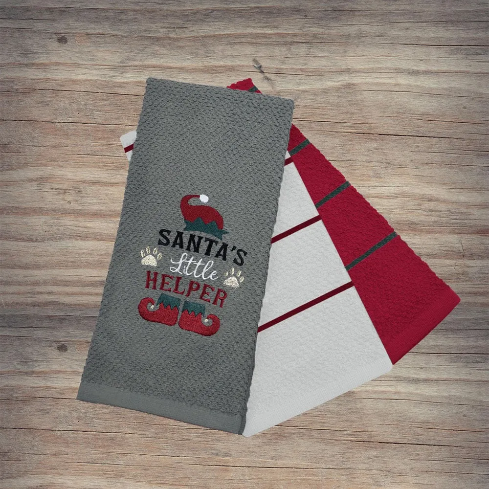 Santas Helper Tea Towel 3 Pack - Grey, Cotton