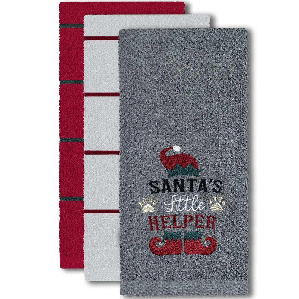 Santas Helper Tea Towel 3 Pack - Grey, Cotton