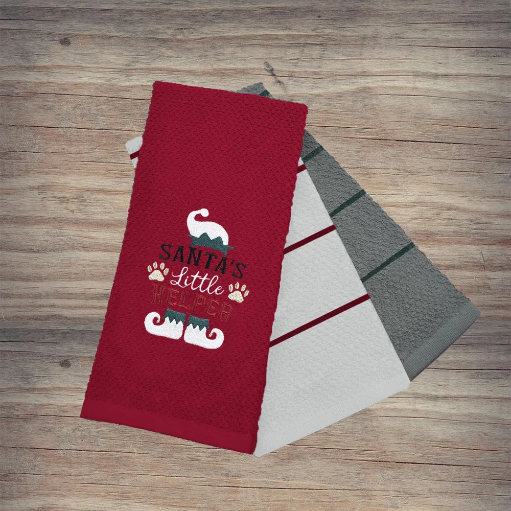 Santas Helper Tea Towel 3 Pack - Red, Cotton