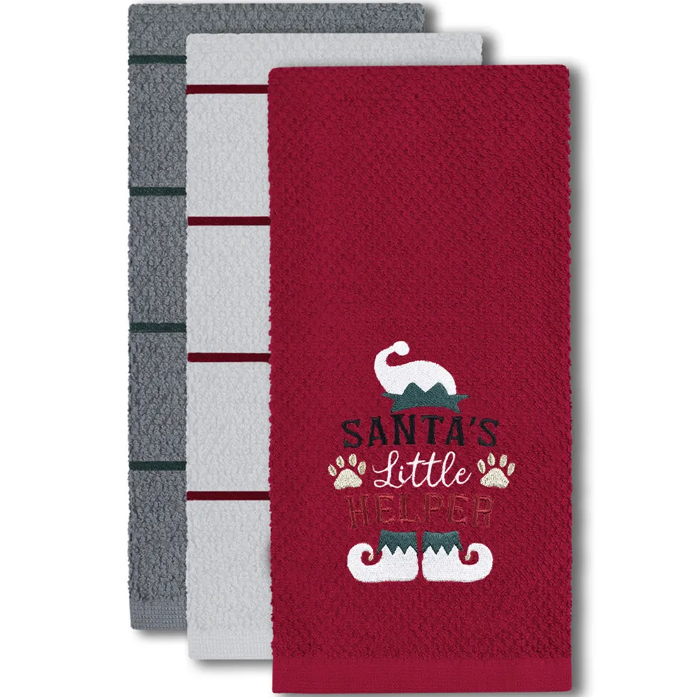 Santas Helper Tea Towel 3 Pack - Red, Cotton