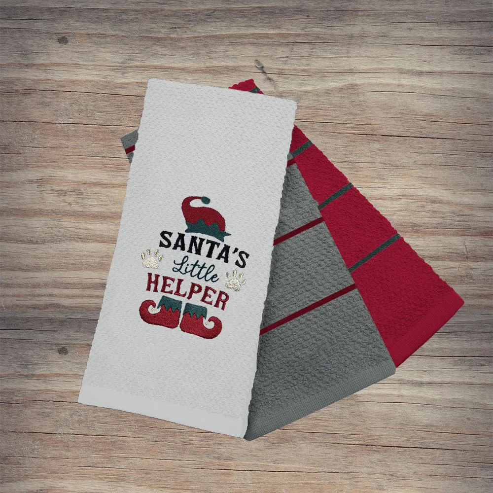 Santas Helper Tea Towel 3 Pack - White, Cotton