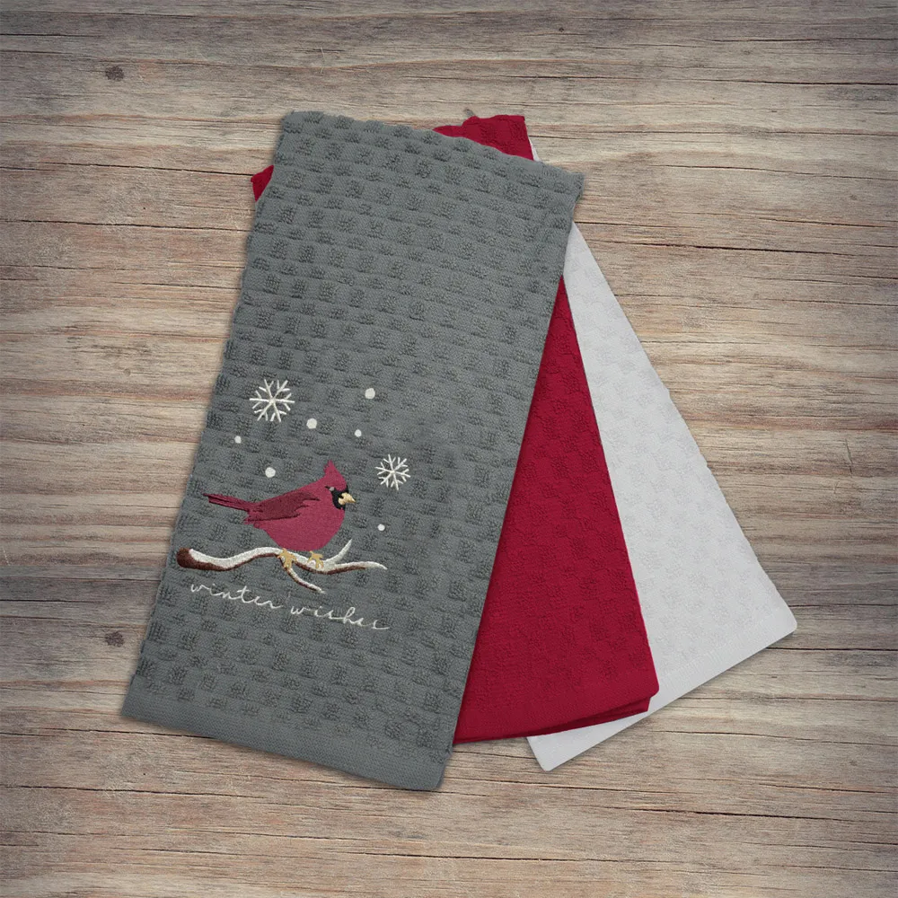 Winter Robin Tea Towel 3 Pack - Grey, Cotton