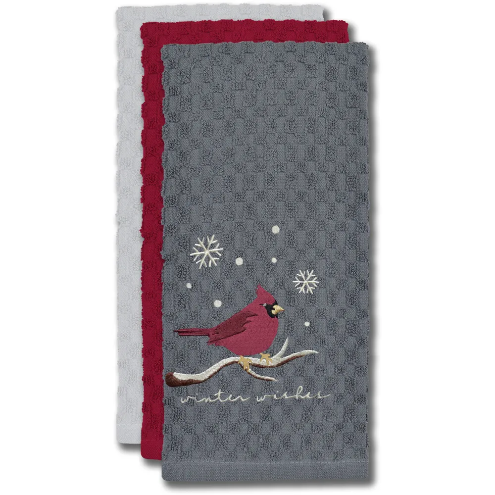 Winter Robin Tea Towel 3 Pack - Grey, Cotton