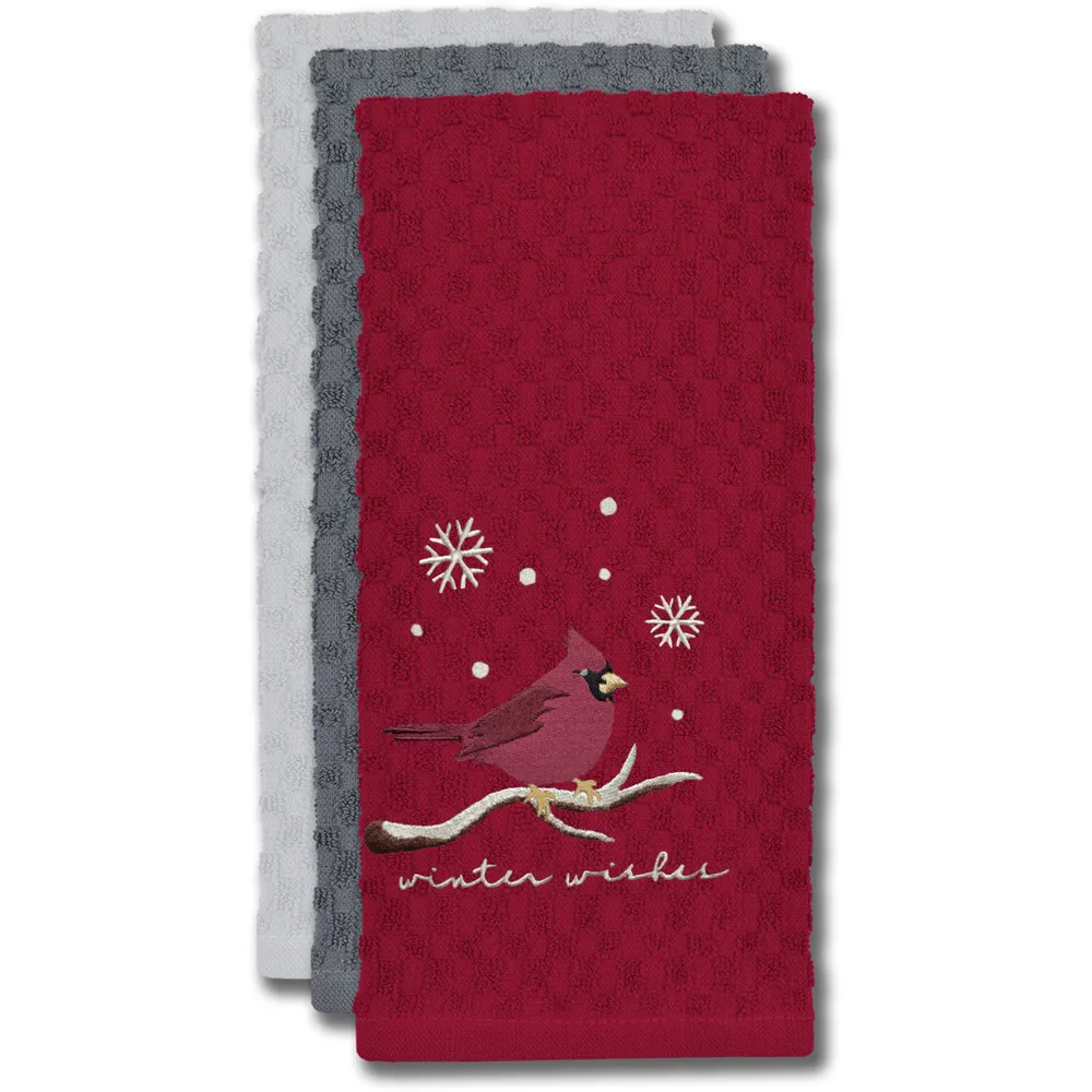 Winter Robin Tea Towel 3 Pack - Red, Cotton
