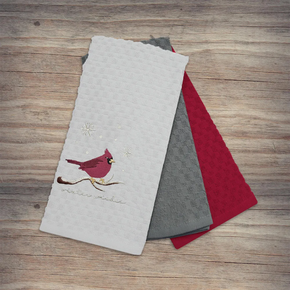 Winter Robin Tea Towel 3 Pack - White, Cotton