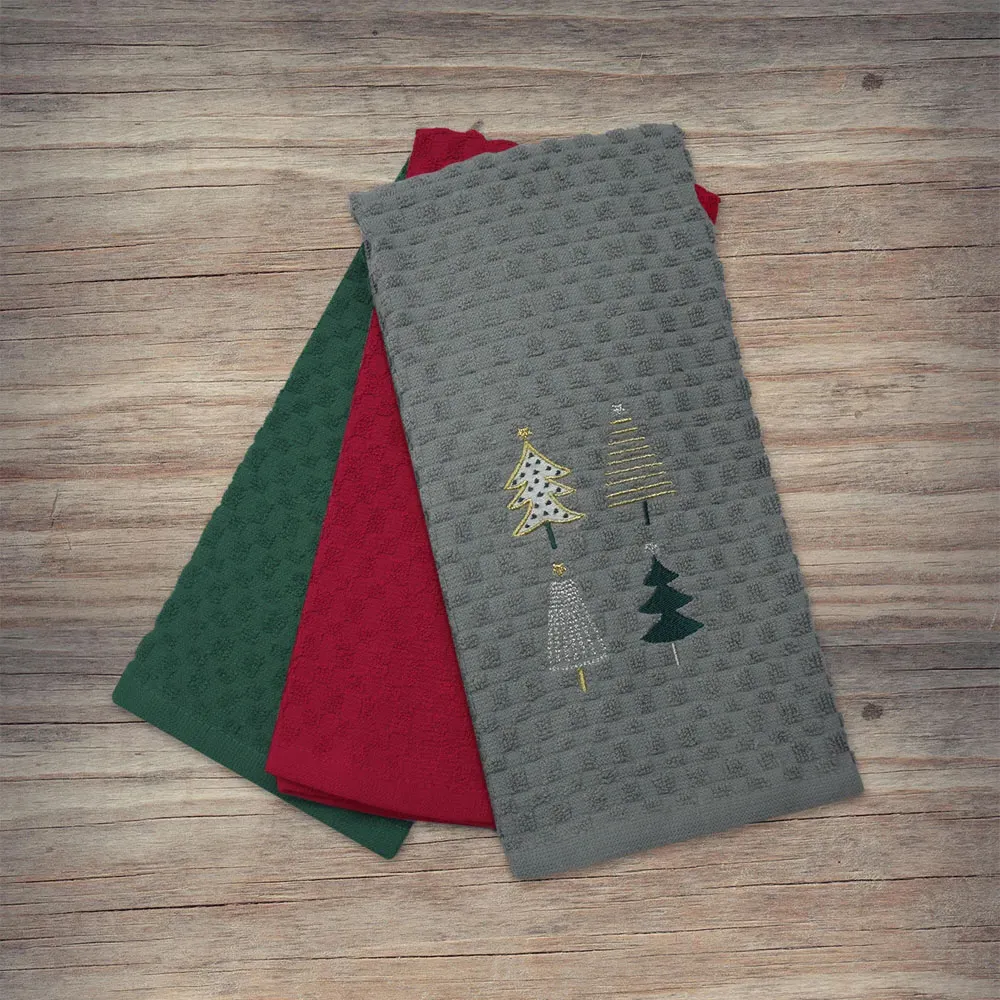 Xmas Trees Tea Towel 3 Pack - Grey, Cotton