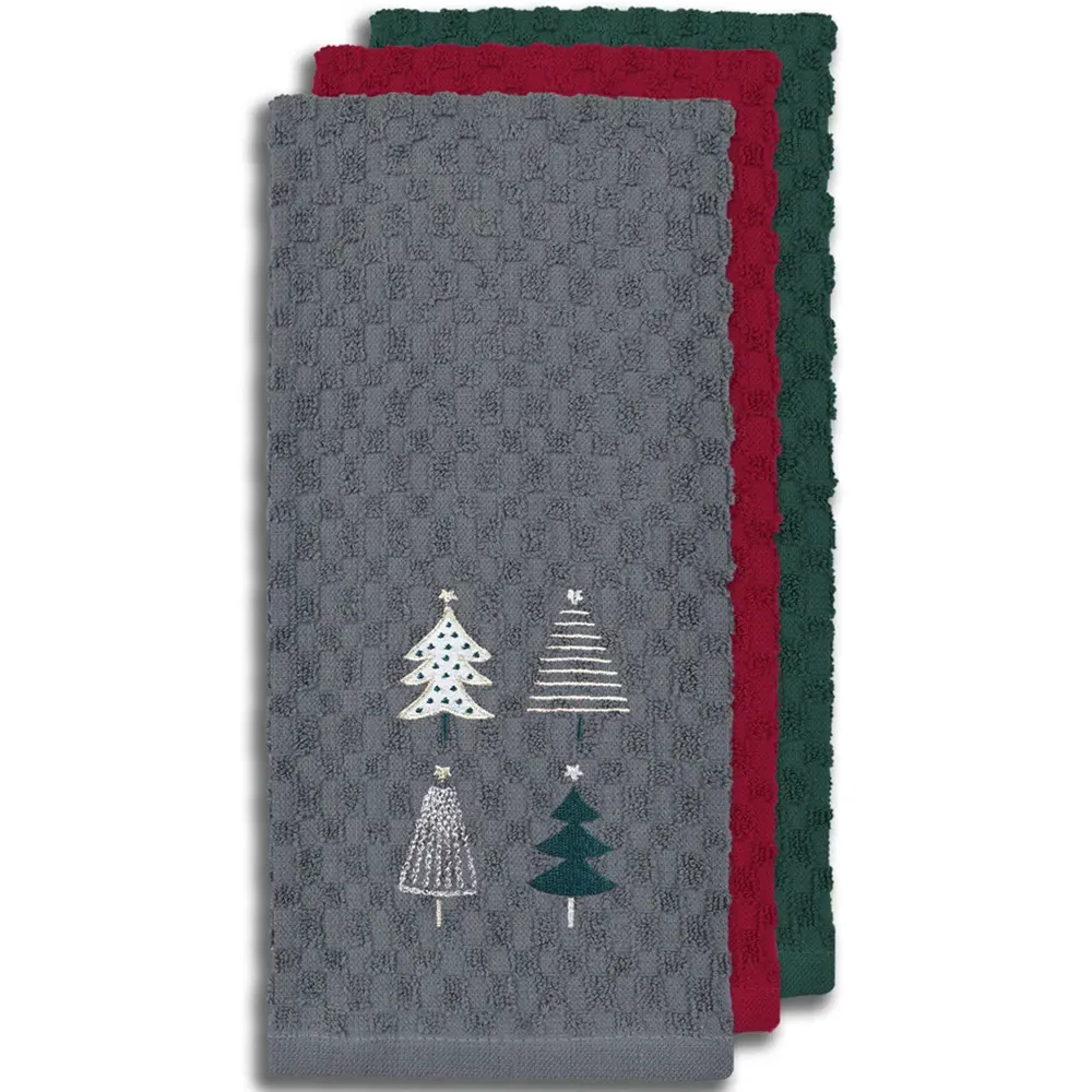 Xmas Trees Tea Towel 3 Pack - Grey, Cotton