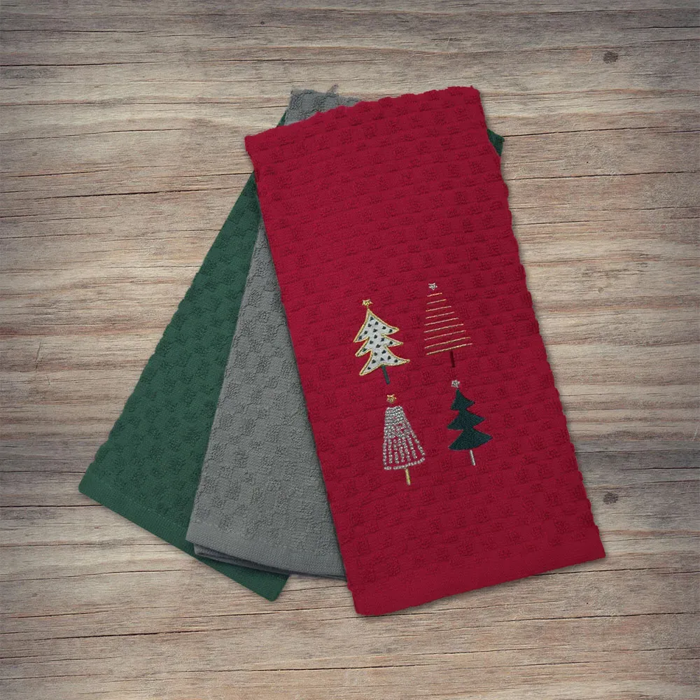 Xmas Trees Tea Towel 3 Pack - Red, Cotton