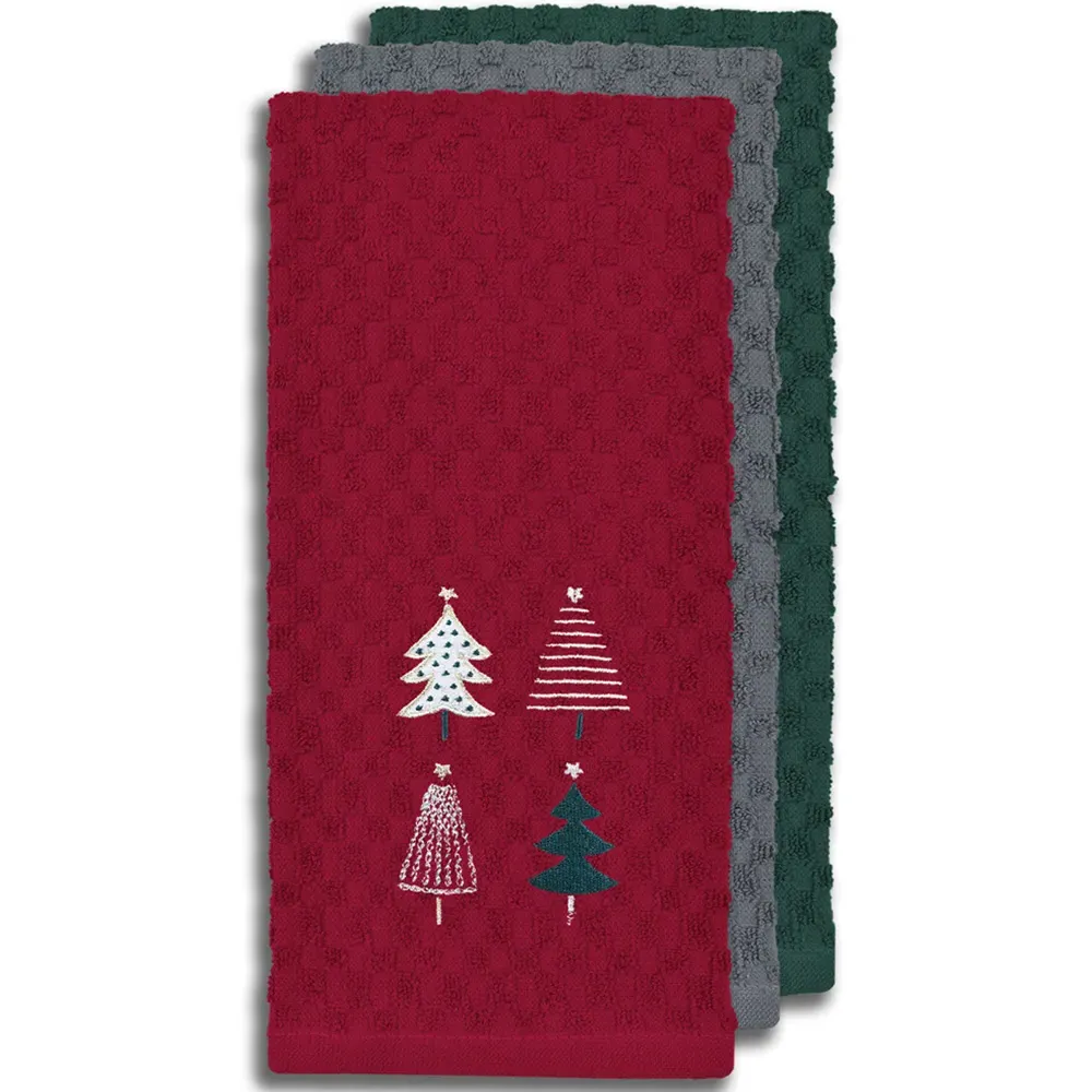Xmas Trees Tea Towel 3 Pack - Red, Cotton