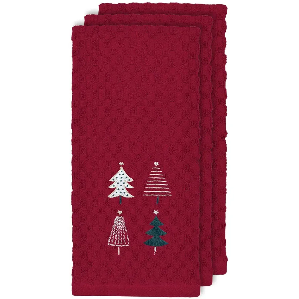 Xmas Trees Tea Towel 3 Pack - Red, Cotton