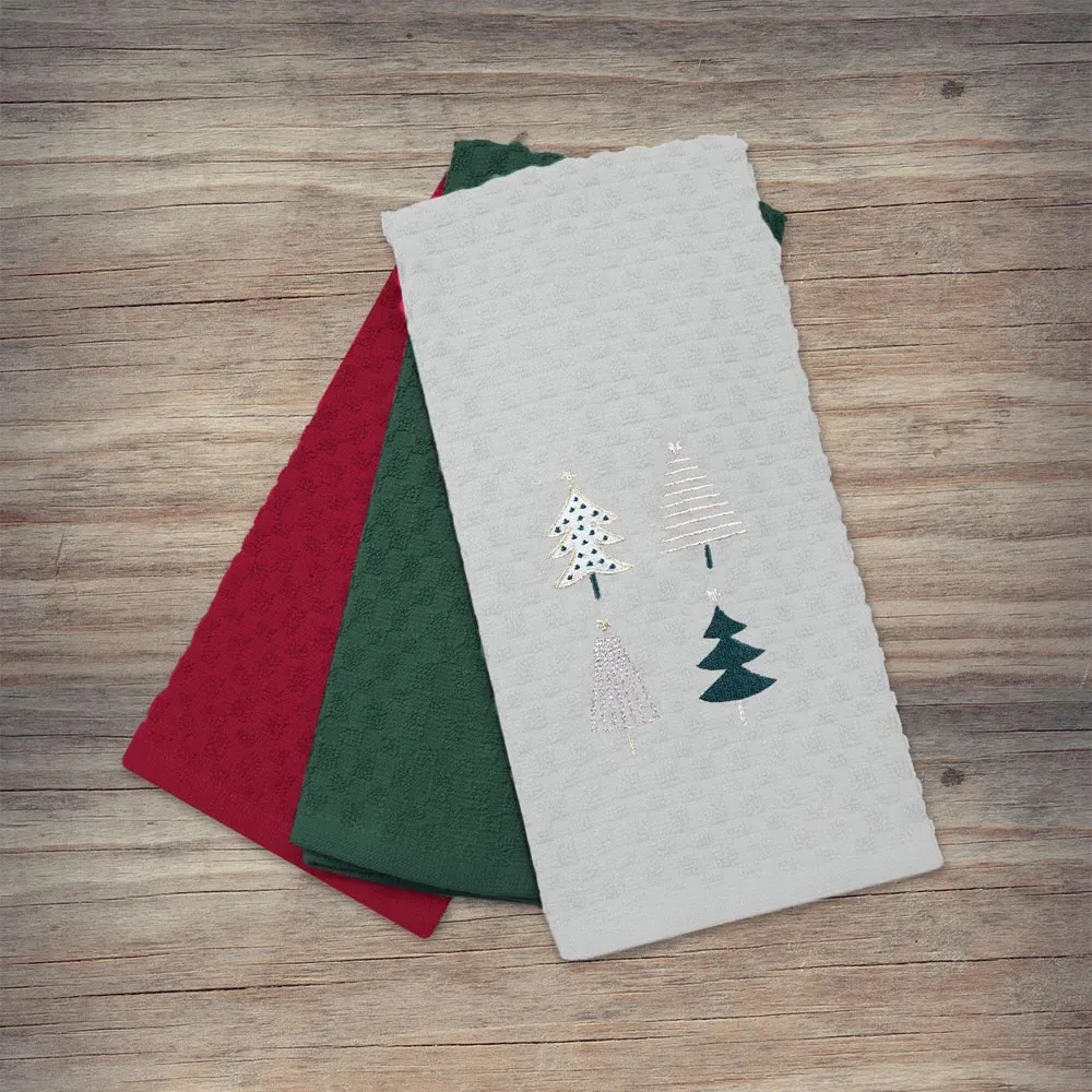 Xmas Trees Tea Towel 3 Pack - White, Cotton
