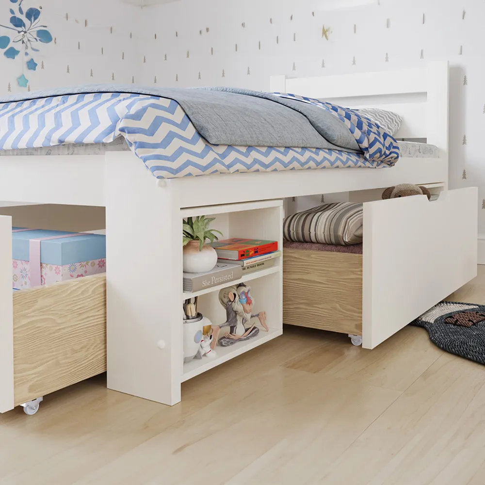 Hansa Single Bed Frame with Drawers - White, Pine
