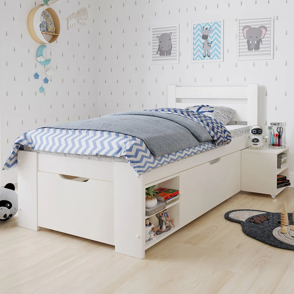Hansa Single Bed Frame with Drawers - White, Pine