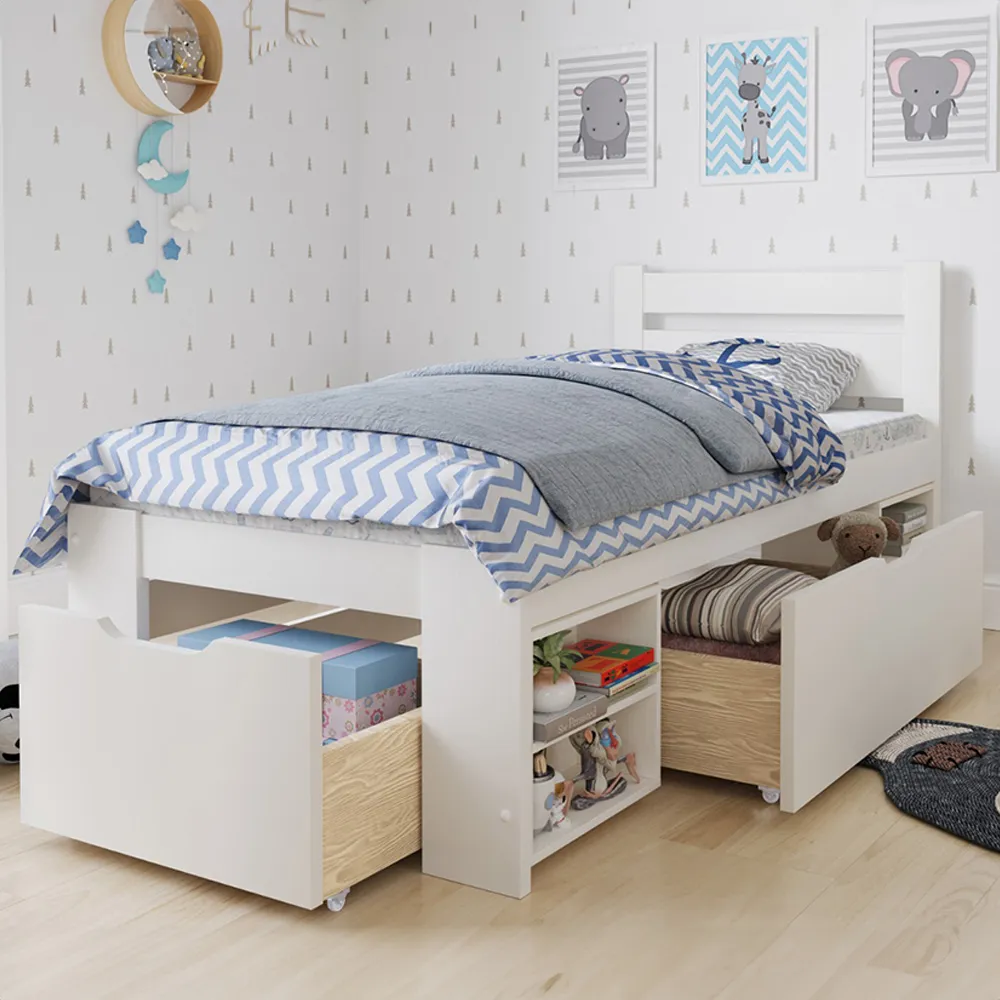 Hansa Single Bed Frame with Drawers - White, Pine
