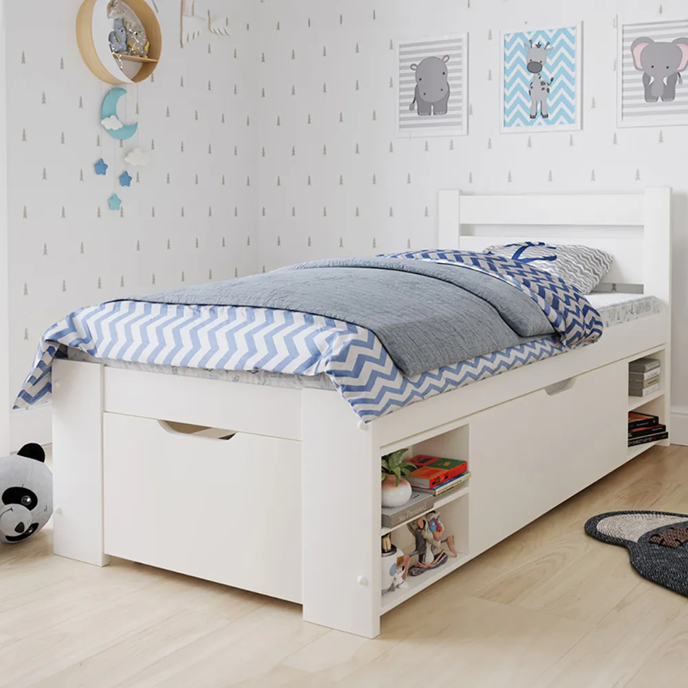 Hansa Single Bed Frame with Drawers - White, Pine image