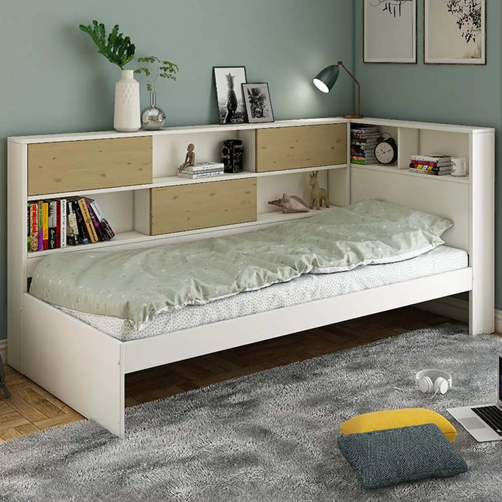 Jorgi Single Corner Bed Frame with Storage - White, Oak