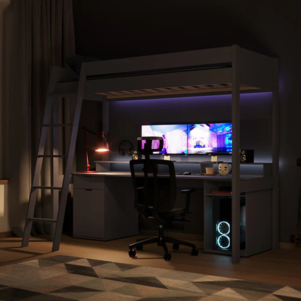 Tera Single Gaming High Sleeper with Desk - Grey, Pine