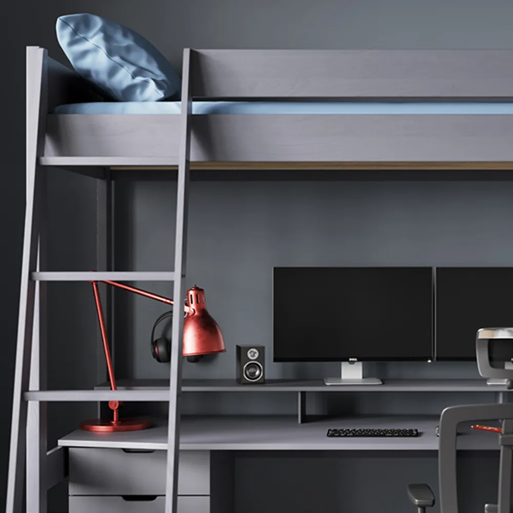 Tera Single Gaming High Sleeper with Desk - Grey, Pine