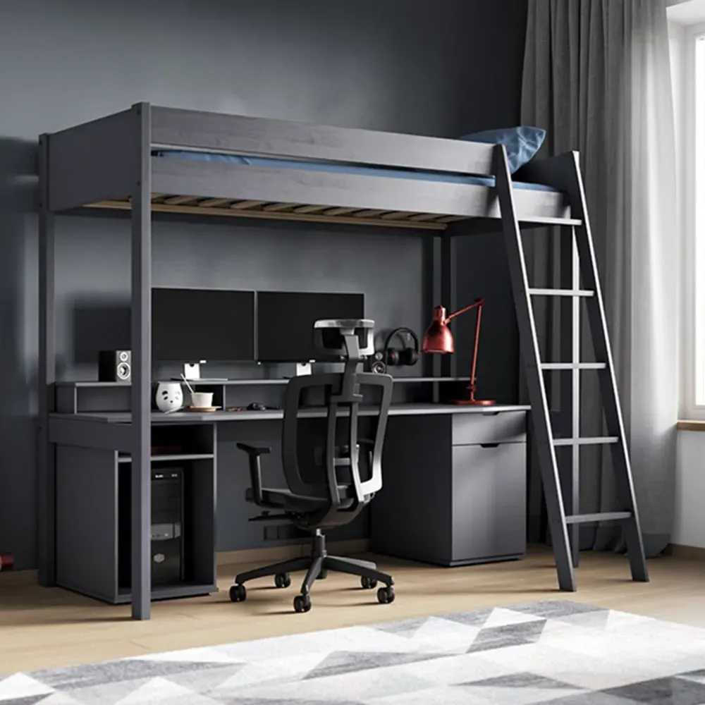 Tera Single Gaming High Sleeper with Desk - Grey, Pine image