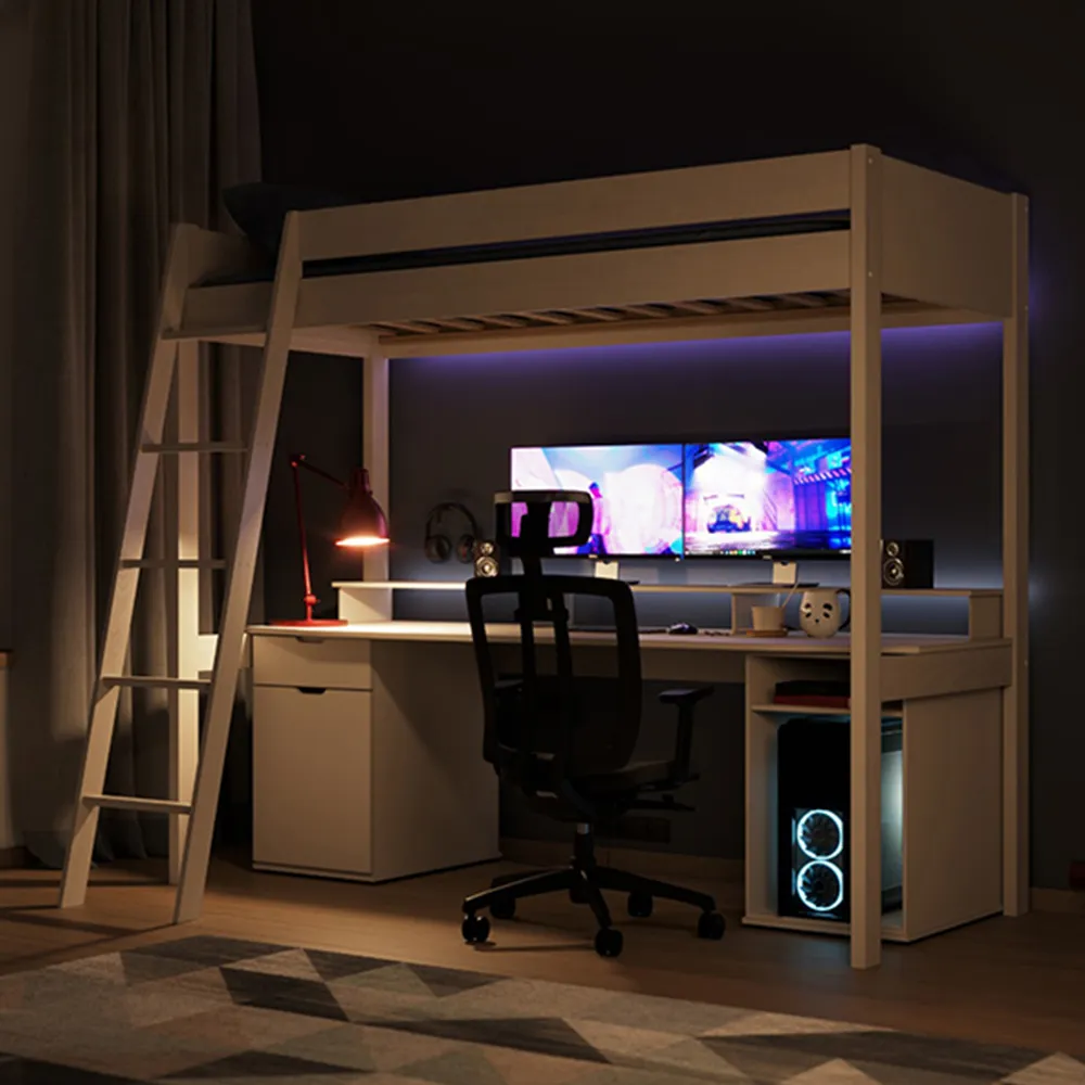 Tera Single Gaming High Sleeper with Desk - White, Pine