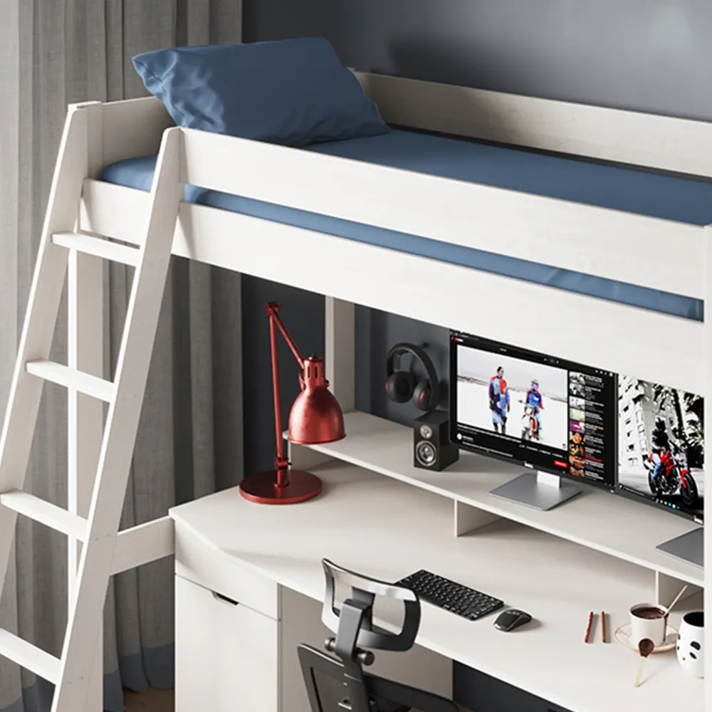 Tera Single Gaming High Sleeper with Desk - White, Pine