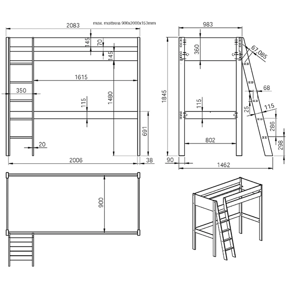 Tera Single L-Shaped High Sleeper with Bed - White
