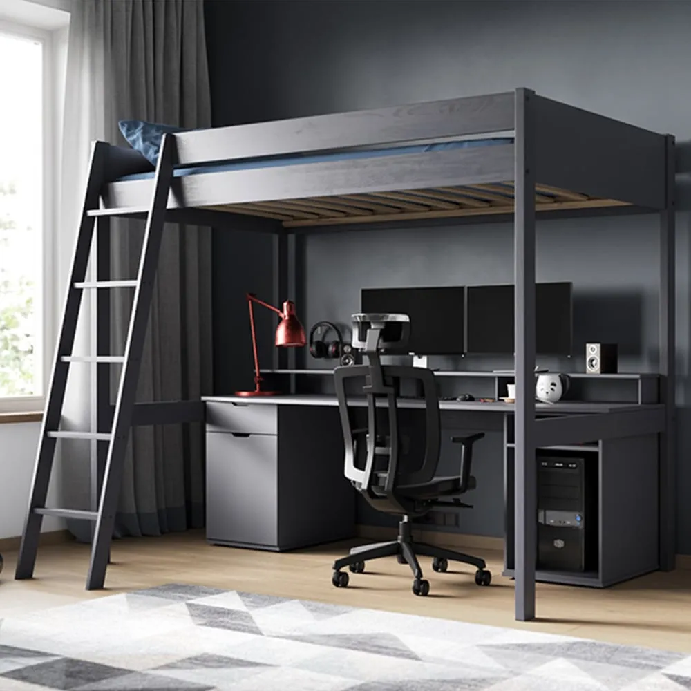 Tera Small Double Gaming High Sleeper with Desk - Grey, Pine