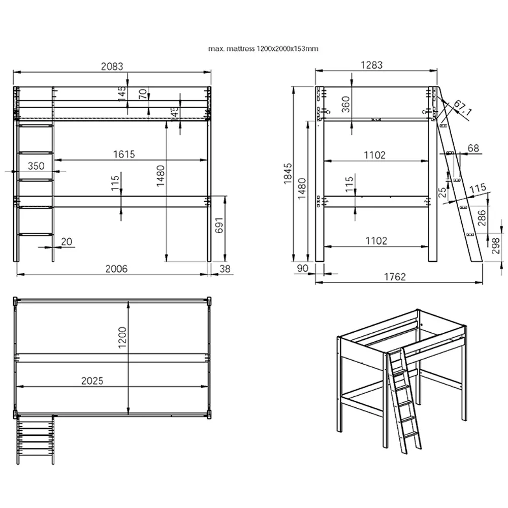 Tera Small Double L-Shaped High Sleeper with Single Bed - White