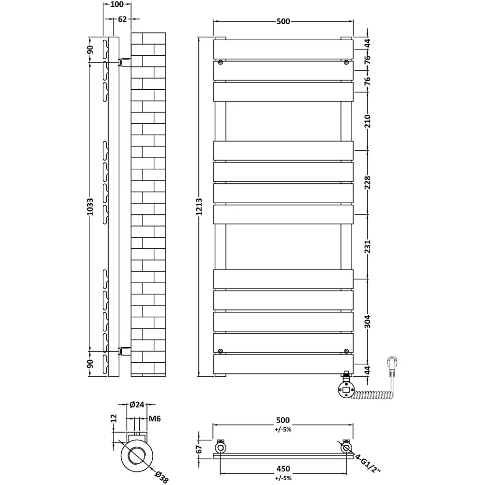 Hudson Reed Electric Square Flat Towel Rail - Anthracite