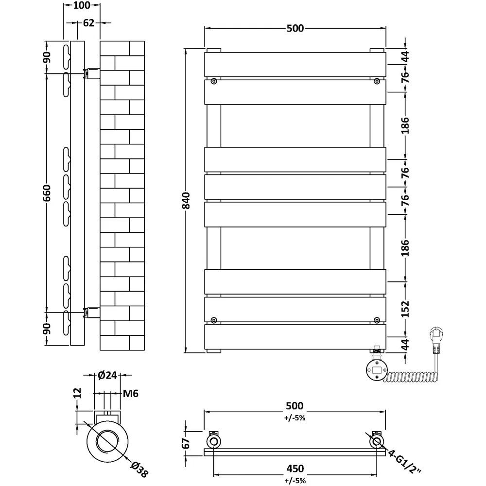 Hudson Reed Electric Square Flat Towel Rail - Brushed Brass