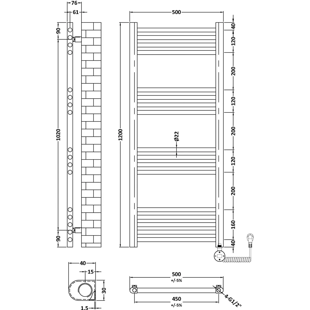 Hudson Reed Round Electric Towel Rail - Brushed Brass