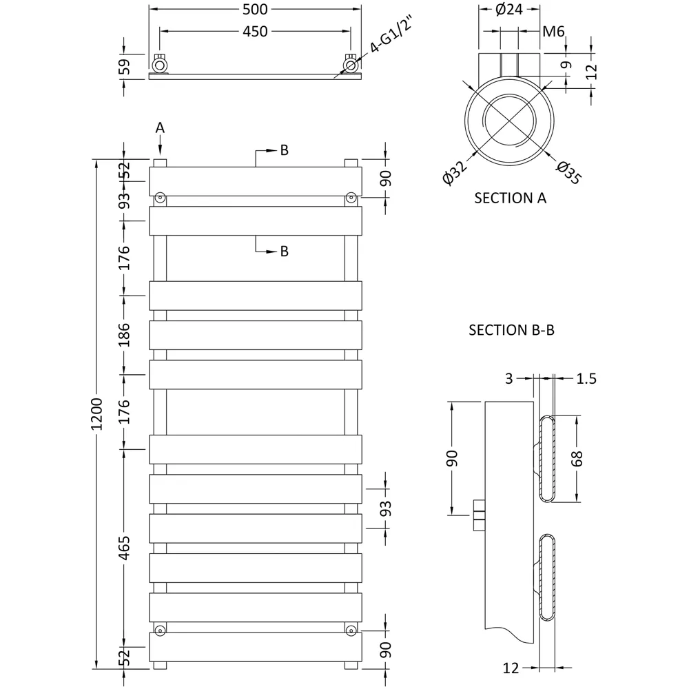 Piazza Heated Towel Rail 1200 x 500mm - Chrome
