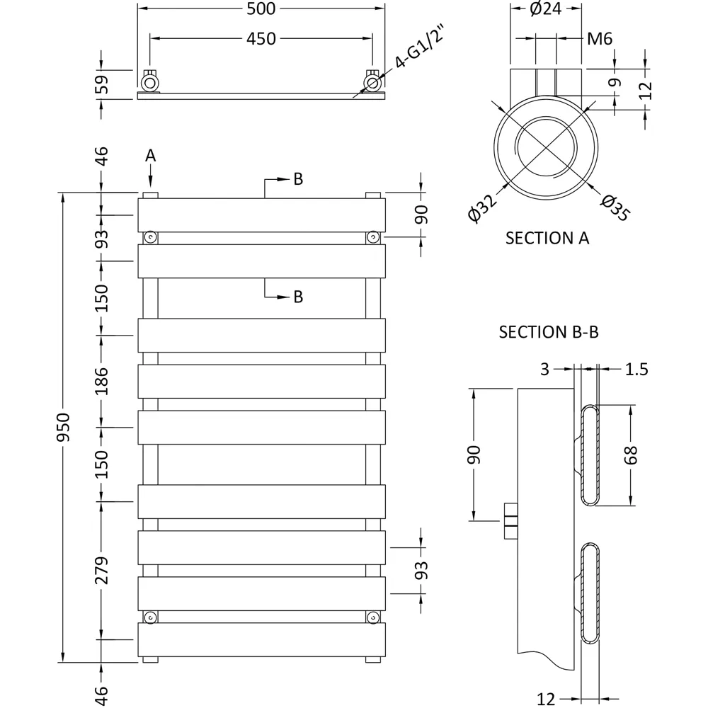 Piazza Heated Towel Rail 950 x 500mm - Chrome