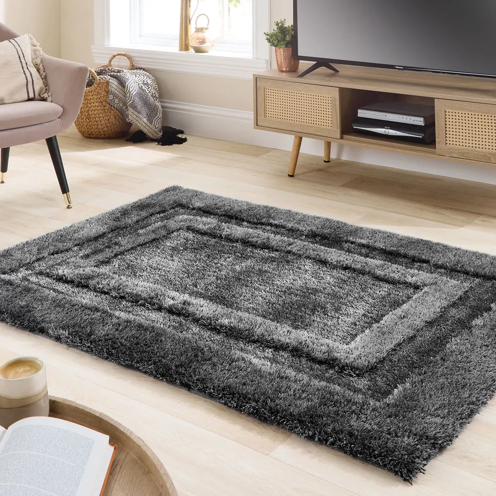Frame Shag Rug with Carved Border - Charcoal, Polyester