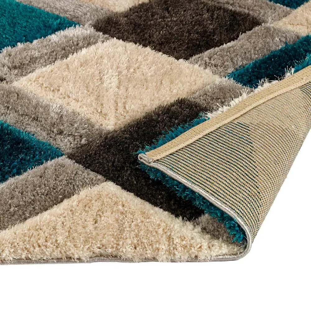 3D GEO Teal Shaggy Rug - Blue, Polyester