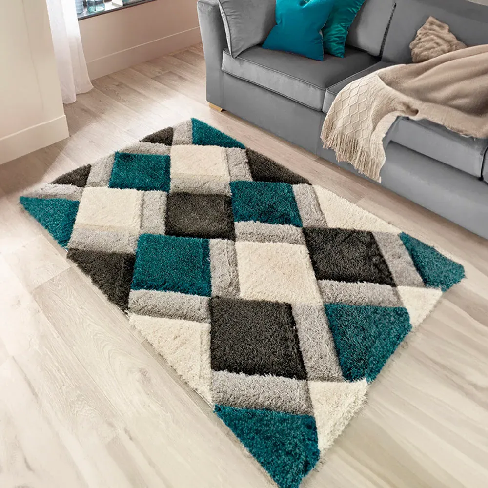 3D GEO Teal Shaggy Rug - Blue, Polyester