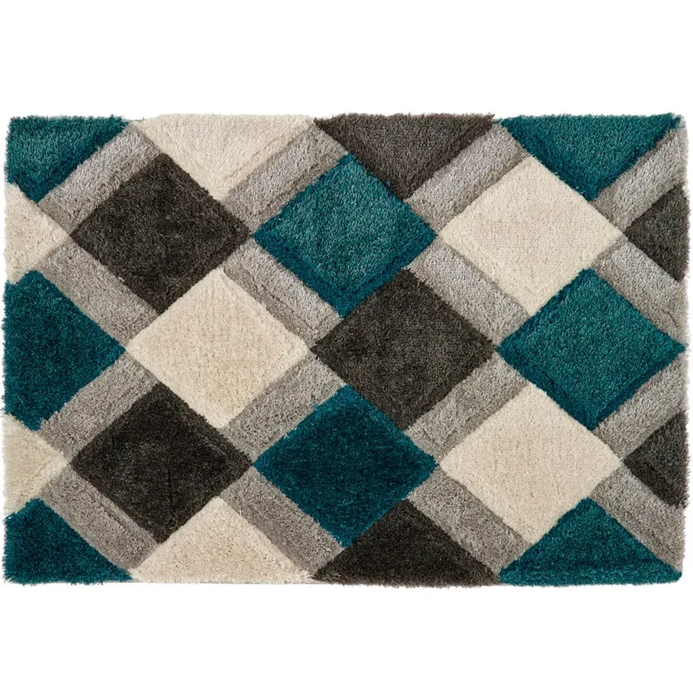 3D GEO Teal Shaggy Rug - Blue, Polyester