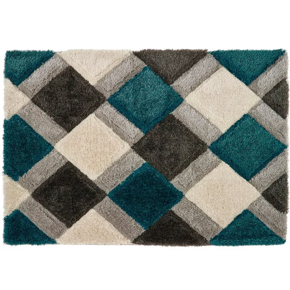 3D GEO Teal Shaggy Rug - Blue, Polyester