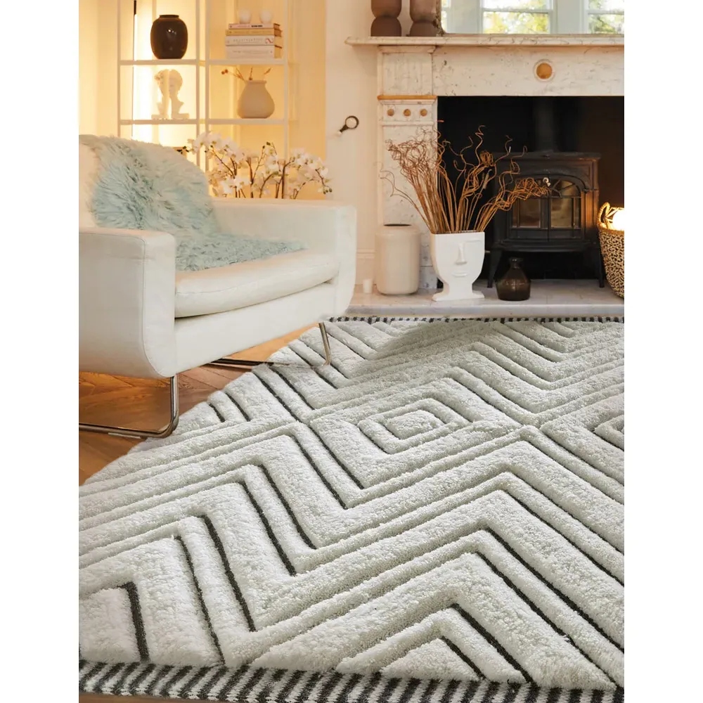 Berber Mono Geometric Rug 160x230cm - Cream, Black