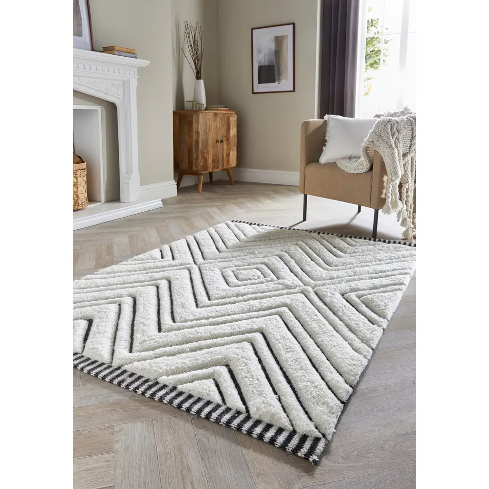 Berber Mono Geometric Rug 160x230cm - Cream, Black