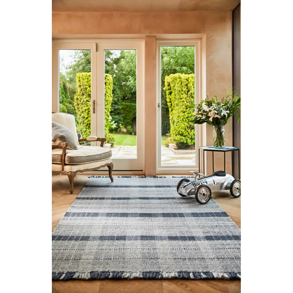Highland Check Rug - Navy, Recycled Plastic