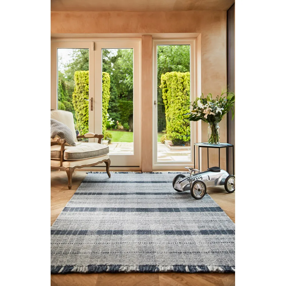 Highland Check Rug - Navy, Recycled Plastic