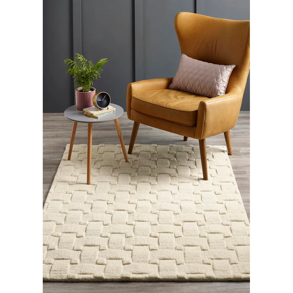 New Ivory 3D Basketweave Rug 120 x 170cm - White, Wool