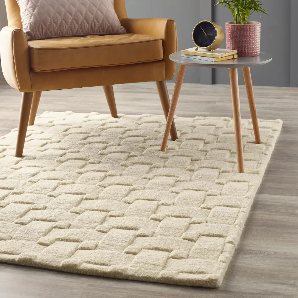 New Ivory 3D Basketweave Rug 120 x 170cm - White, Wool