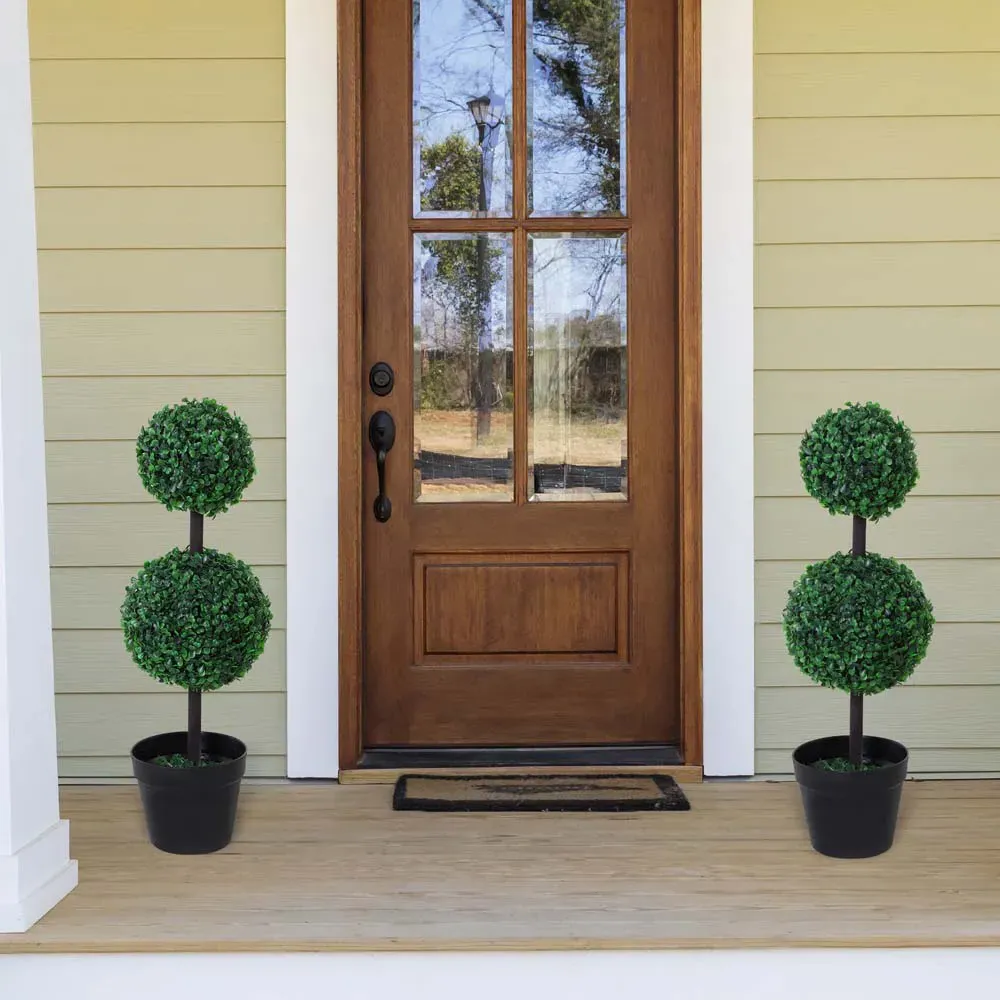 Boxwood Ball Tree Artificial Plant In Pot 2.2ft 2 Pack - Multi