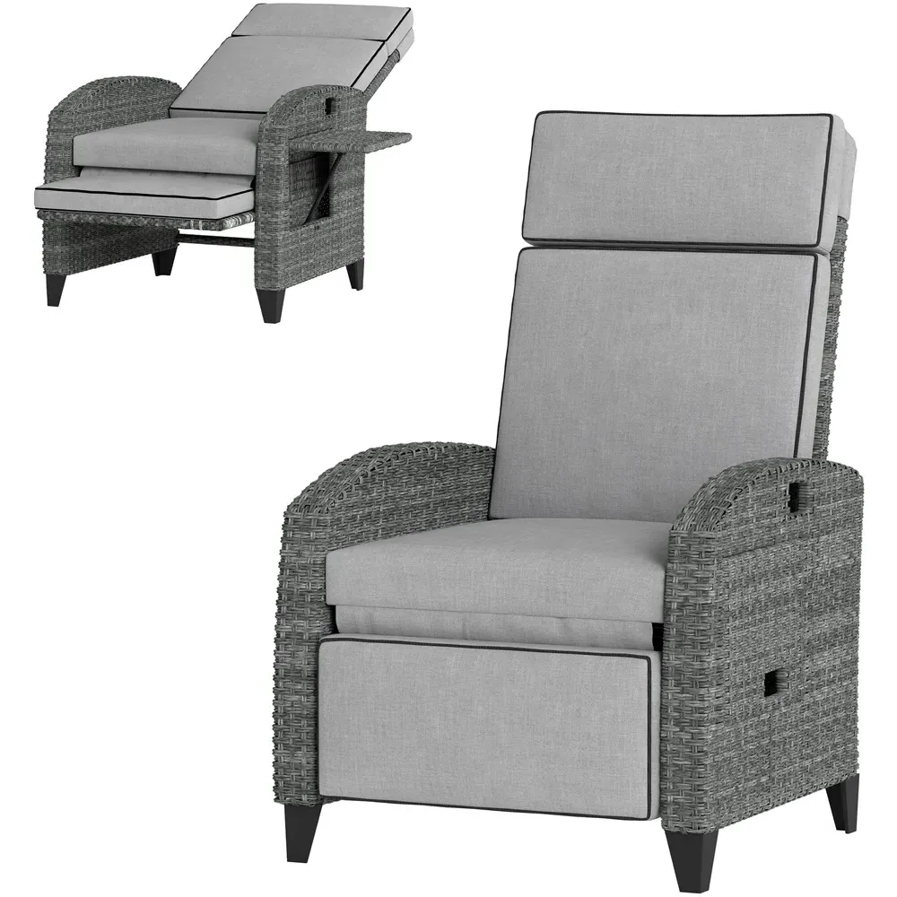 Recliner Chair with Cushion and Side Tray - Grey, Rattan