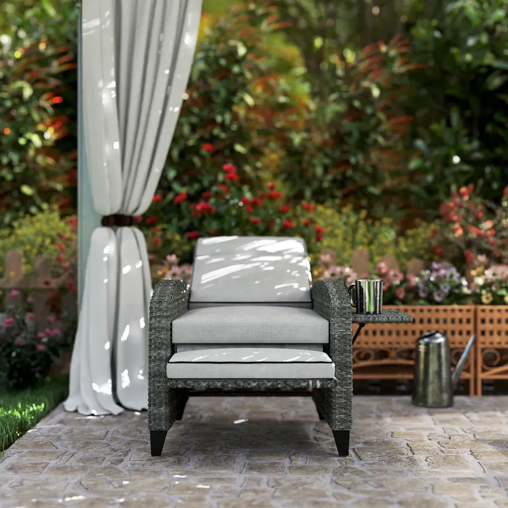 Recliner Chair with Cushion and Side Tray - Grey, Rattan